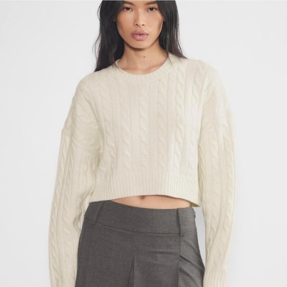Aritzia Sunday Best Peggy Cable Knit Cropped Sweater Cream Wool Blend - Picture 1 of 6